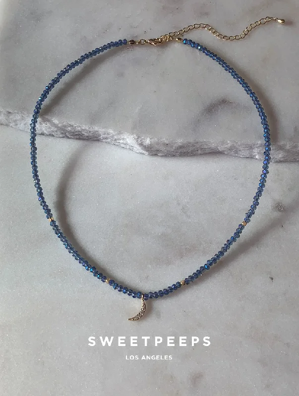 silver moon and star pendant Tiny Crescent Beaded Choker (Midnight Blue)