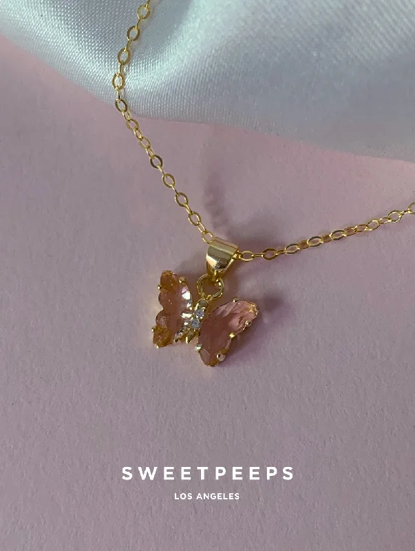 minimalist cubic zirconia earrings Tiny Pink Butterfly Gem Necklace (SS)