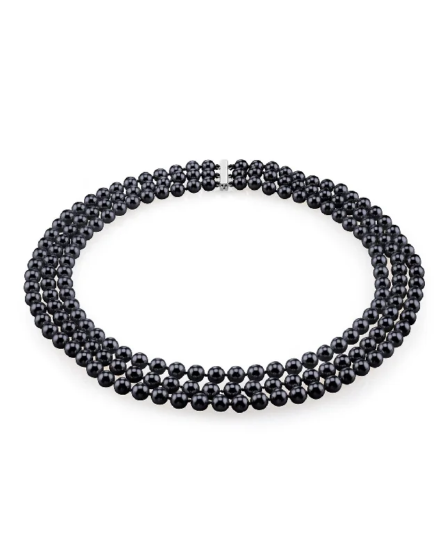 dainty gemstone choker necklace Triple Strand Black Akoya Pearl Necklace